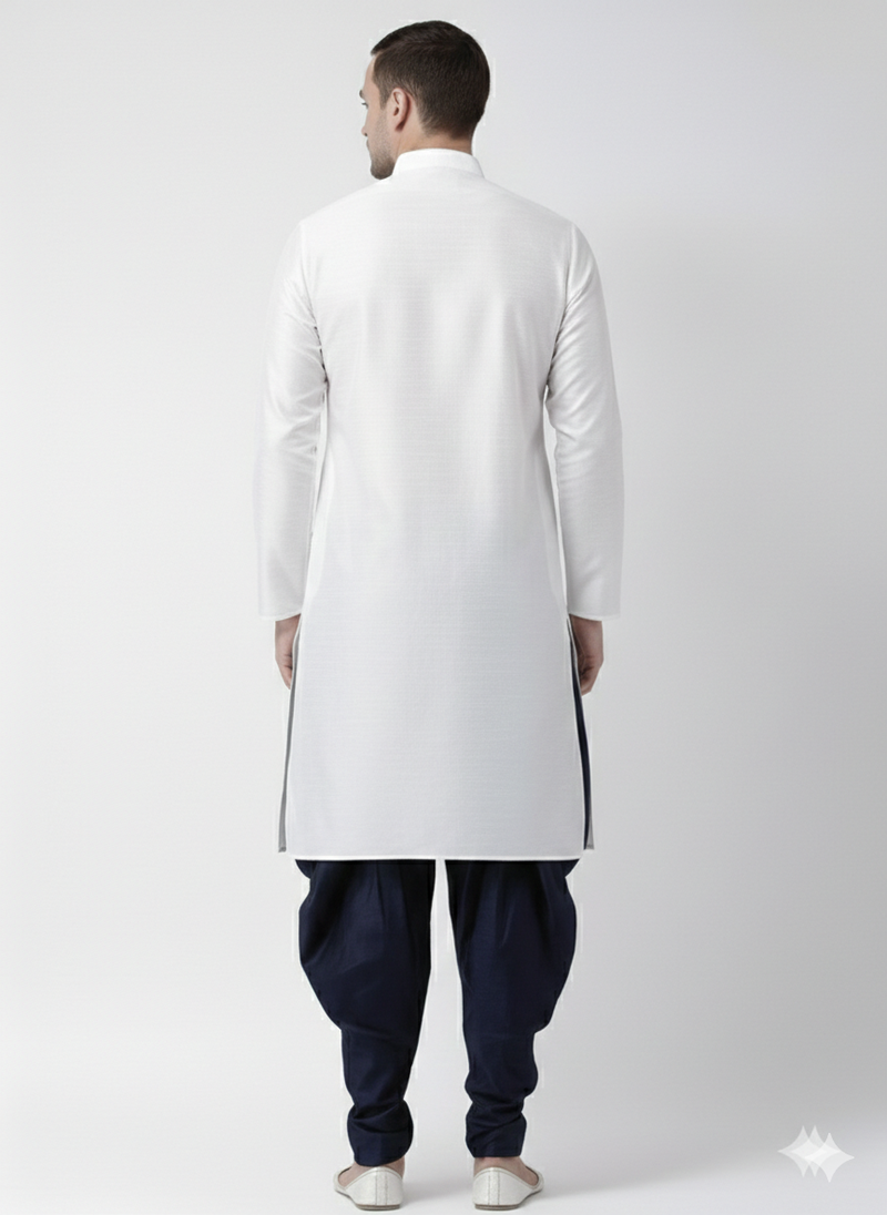 White embroidered dupion silk kurta set