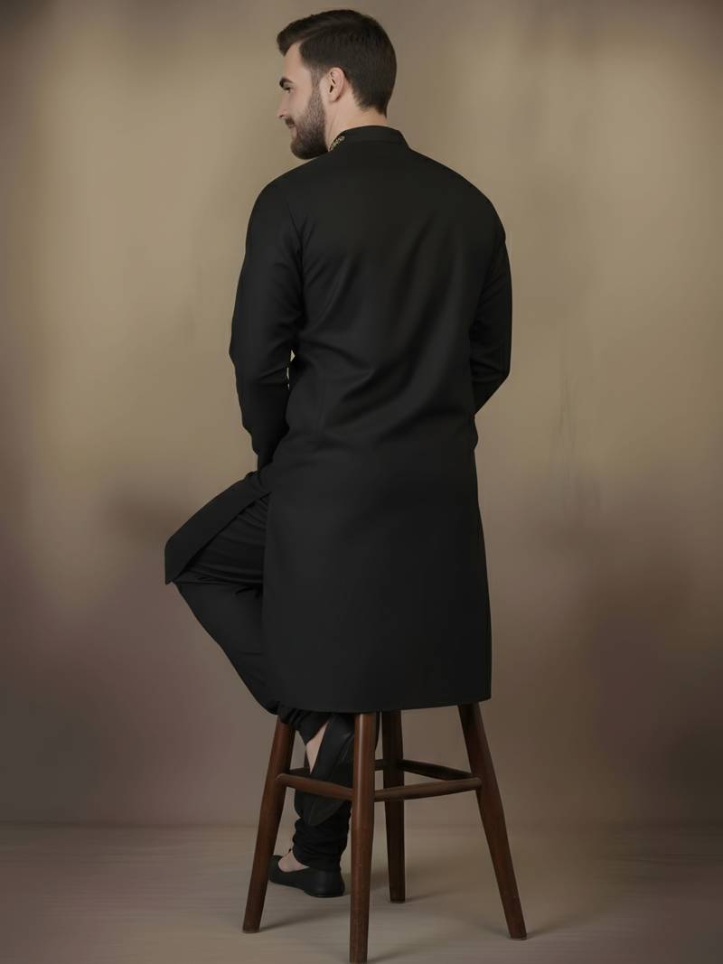 Black embroidered cotton kurta set