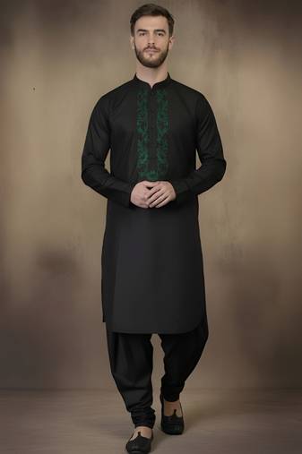 Black embroidered cotton kurta set
