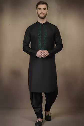 Black embroidered cotton kurta set