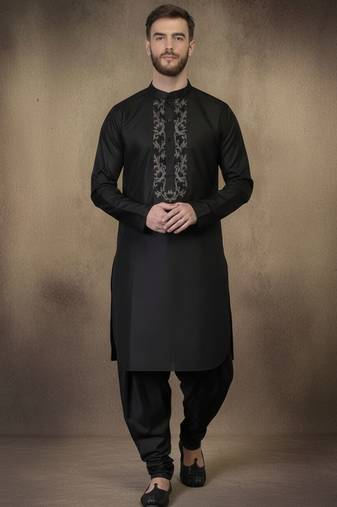 Black embroidered cotton kurta set