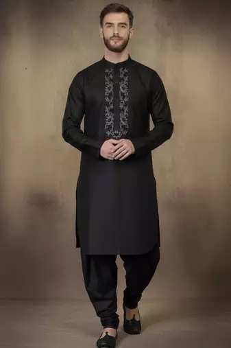 Black embroidered cotton kurta set