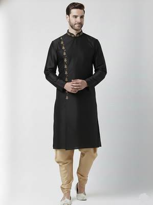 Black embroidered dupion silk kurta set 1