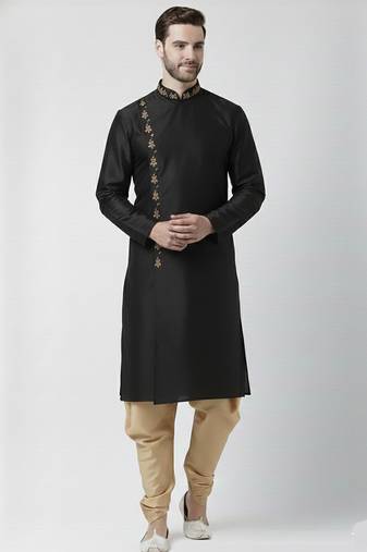 Black embroidered dupion silk kurta set