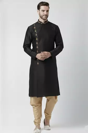 Black embroidered dupion silk kurta set