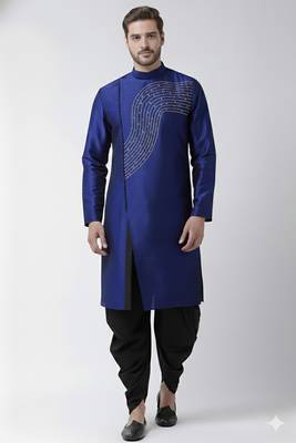 Royal blue embroidered dupion silk kurta set 1