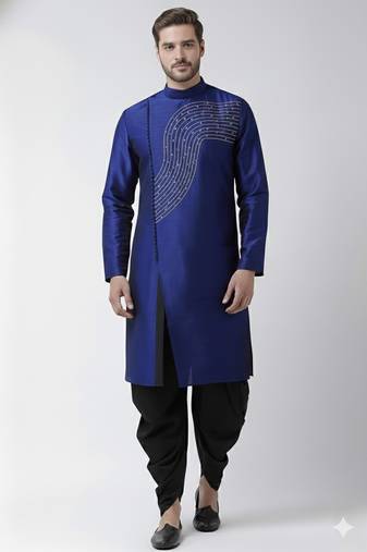 Royal blue embroidered dupion silk kurta set