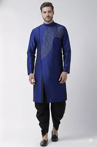 Royal blue embroidered dupion silk kurta set