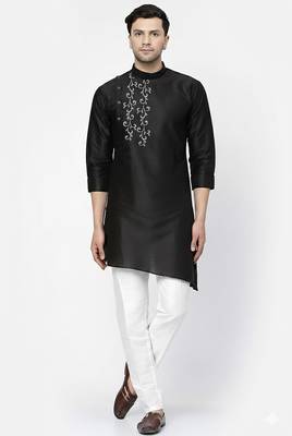Black embroidered dupion silk kurta set 1