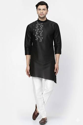 Black embroidered dupion silk kurta set
