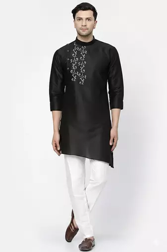 Black embroidered dupion silk kurta set