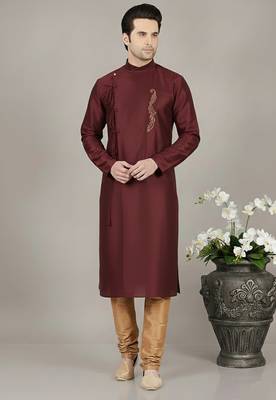 Maroon embroidered dupion silk kurta set 1