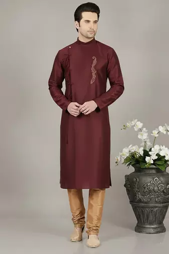 Maroon embroidered dupion silk kurta set