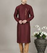 Maroon embroidered dupion silk kurta set