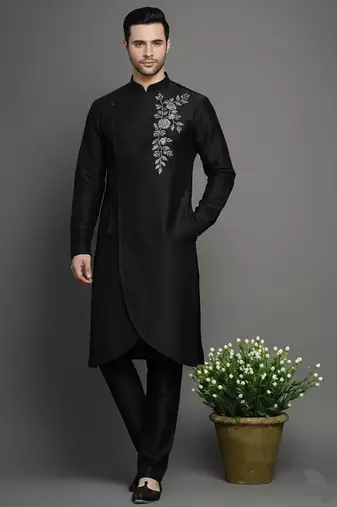 Black embroidered dupion silk kurta set