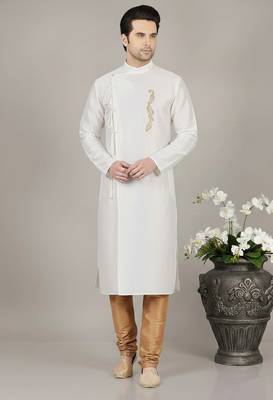 White embroidered dupion silk kurta set 1