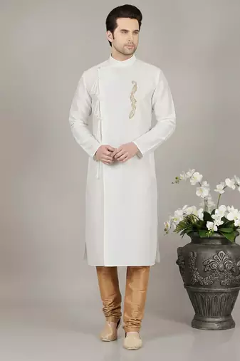 White embroidered dupion silk kurta set