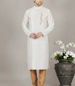 White embroidered dupion silk kurta set