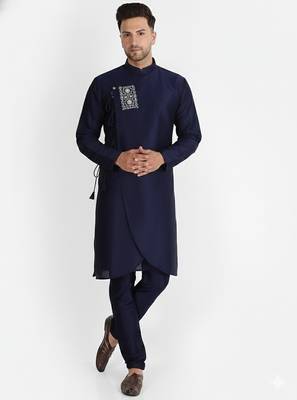 Navy embroidered dupion silk kurta set 1