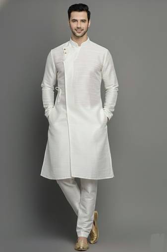 White embroidered dupion silk kurta set
