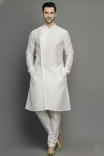 White embroidered dupion silk kurta set