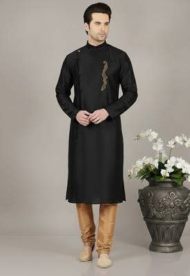 Black embroidered dupion silk kurta set 1