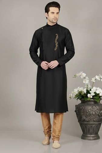 Black embroidered dupion silk kurta set