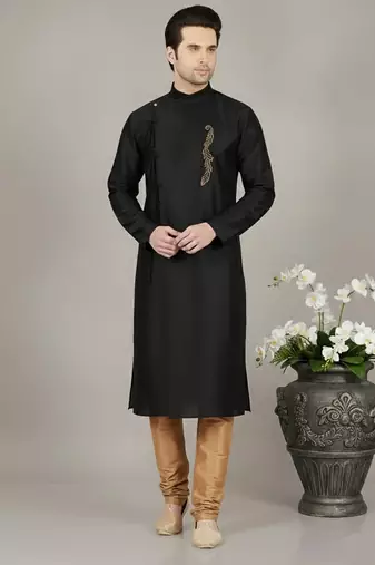 Black embroidered dupion silk kurta set