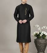 Black embroidered dupion silk kurta set