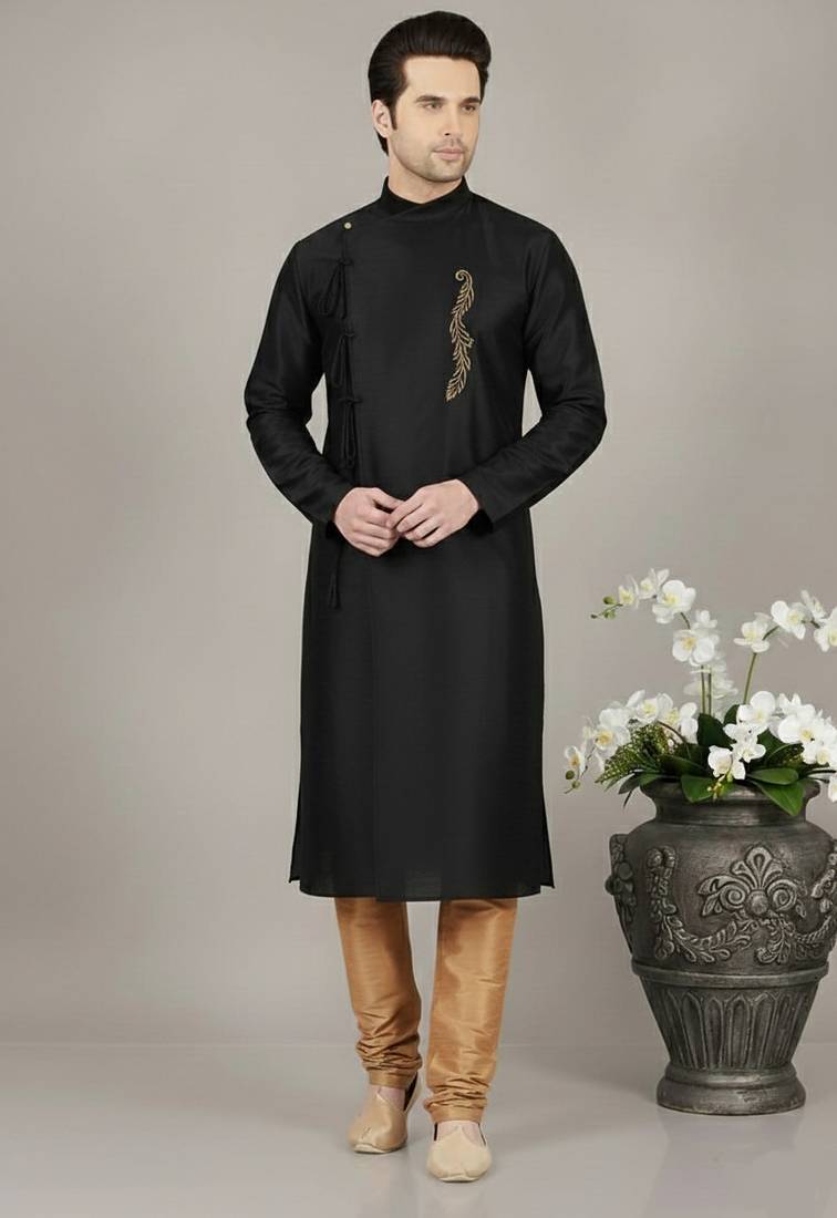Black embroidered dupion silk kurta set