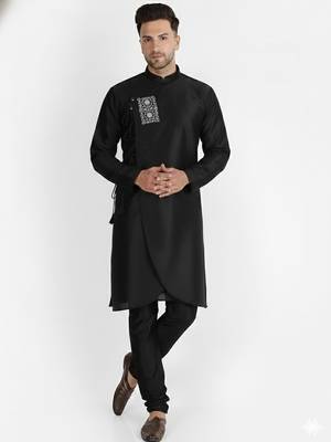 Black embroidered dupion silk kurta set 1