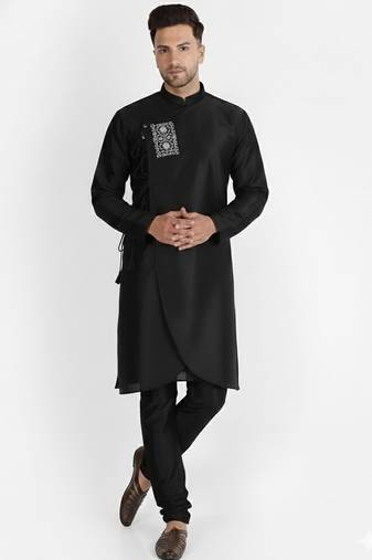 Black embroidered dupion silk kurta set