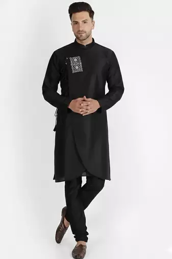 Black embroidered dupion silk kurta set