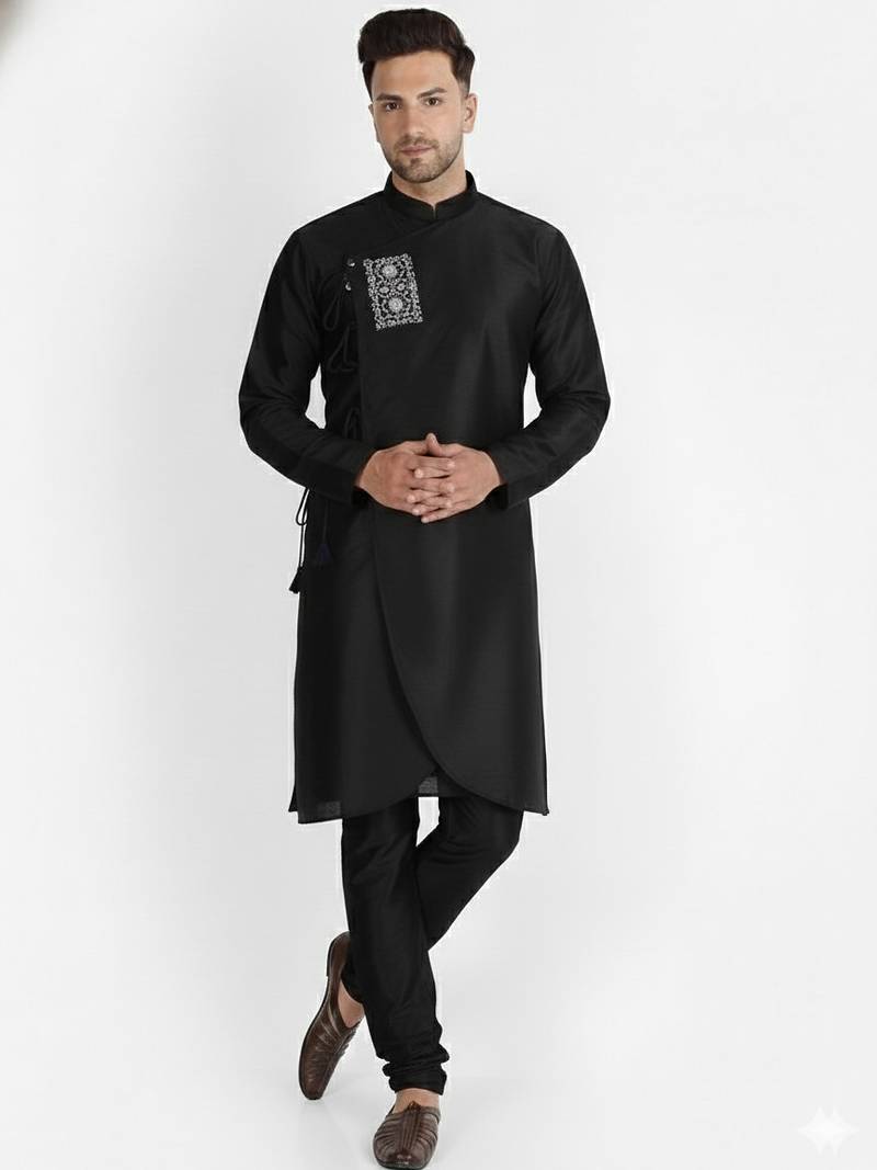 Black embroidered dupion silk kurta set