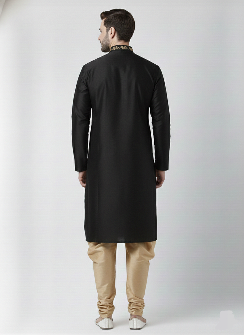 Black embroidered dupion silk kurta set