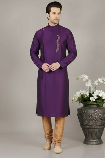 Purple embroidered dupion silk kurta set