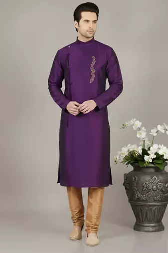 Purple embroidered dupion silk kurta set