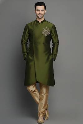 Mehandi embroidered dupion silk kurta set 1