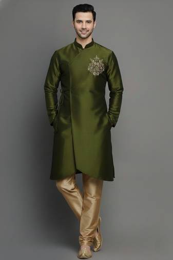 Mehandi embroidered dupion silk kurta set