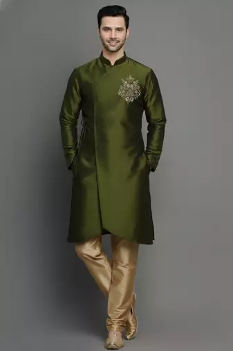 Mehandi embroidered dupion silk kurta set
