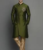 Mehandi embroidered dupion silk kurta set