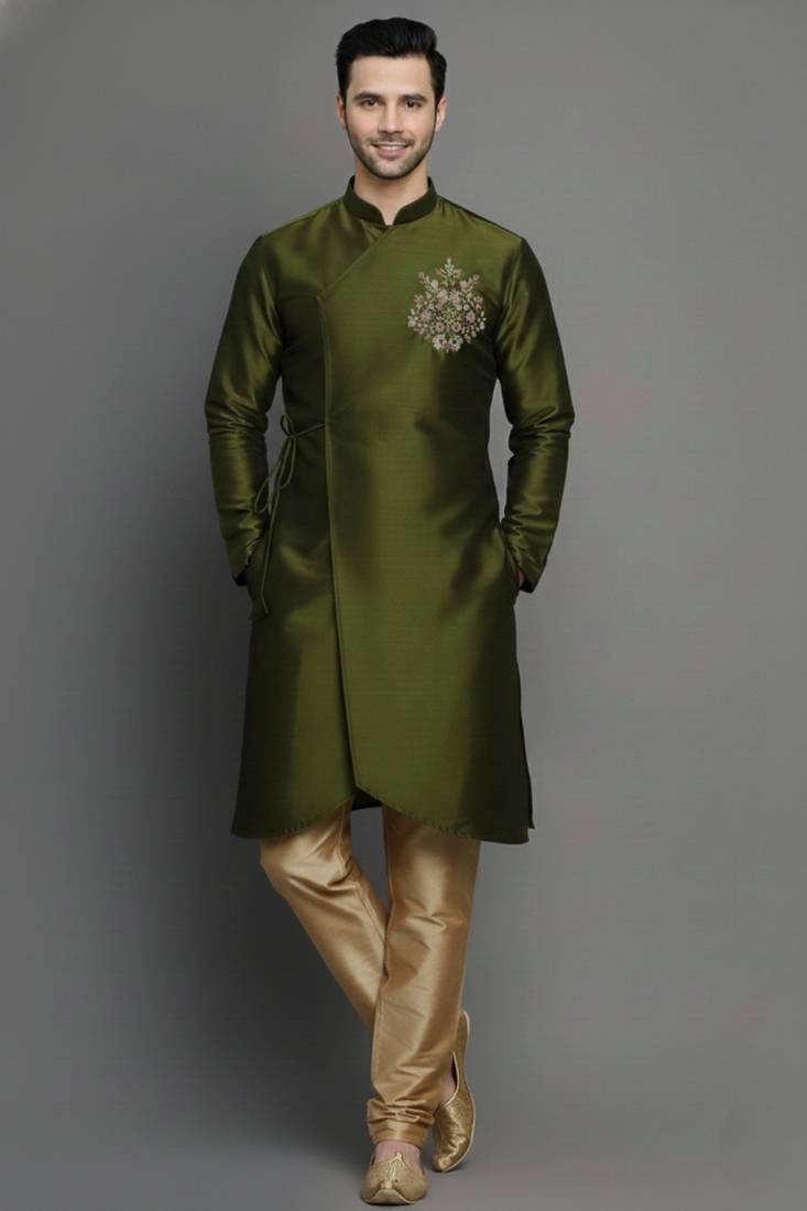 Mehandi embroidered dupion silk kurta set