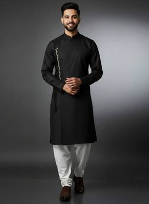 Black embroidered cotton kurta set 1