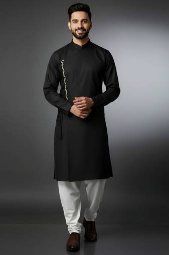 Black embroidered cotton kurta set