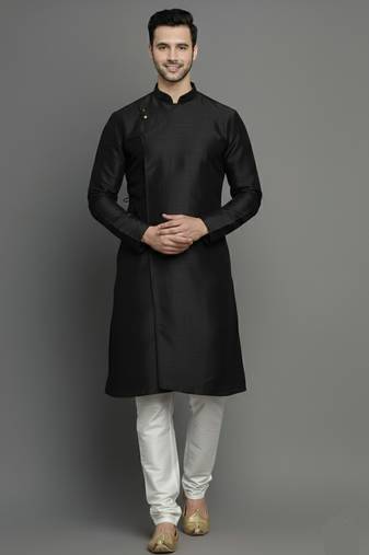 Black embroidered dupion silk kurta set