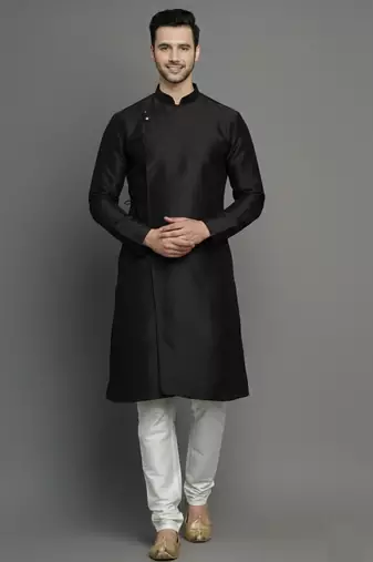 Black embroidered dupion silk kurta set
