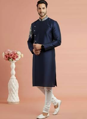 Navy embroidered dupion silk kurta set 1
