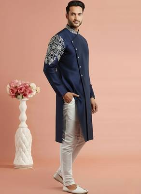 Navy embroidered dupion silk kurta set 2