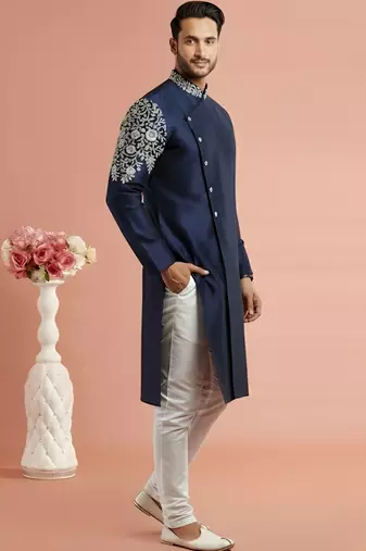 Navy embroidered dupion silk kurta set