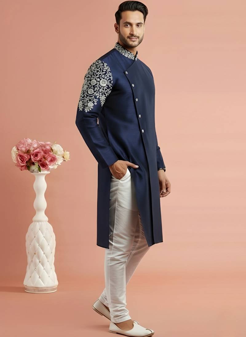 Navy embroidered dupion silk kurta set